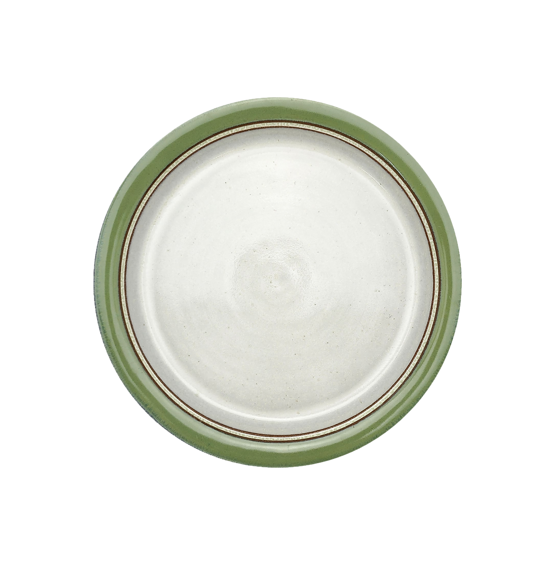 Image Description for  Dinner Plate (10") in Bud Green: A charming bud green dinner plate from Clinton Pottery's Handmade Dinnerware Collection. The 10-inch plate features a delightful green glaze, reminiscent of fresh spring foliage. Its ample size makes it an ideal choice for serving a delightful dinner with a touch of natural charm and vibrancy.