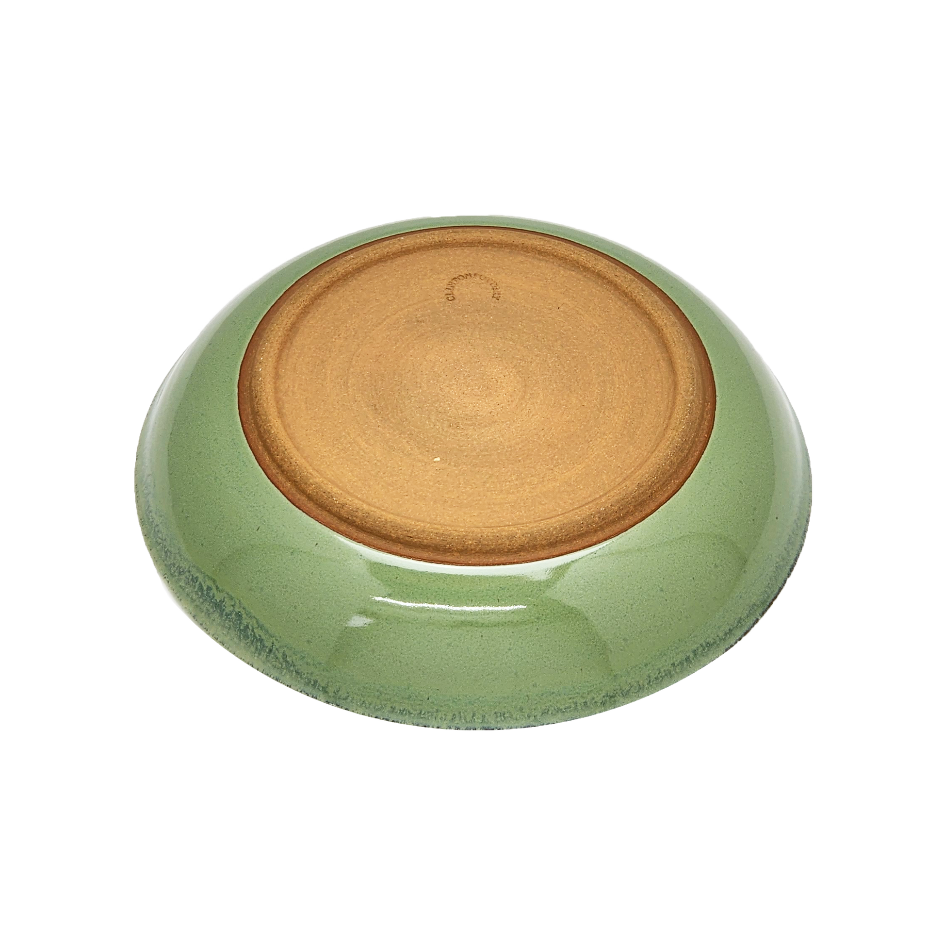 Image: A large pasta dish with a diameter of 10 inches, meticulously crafted by Clinton Pottery, featuring a refreshing bud green glaze. The vibrant green color of the glaze adds a lively touch to the dish, making it an inviting choice for serving pasta dishes with a hint of natural charm.