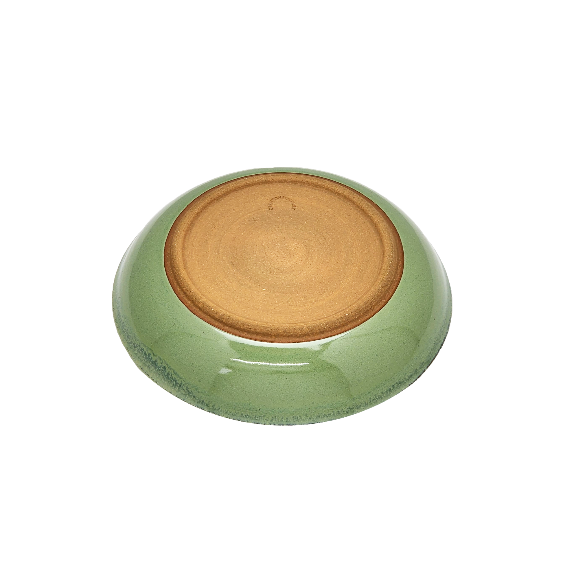 Image: A small pasta dish with a diameter of 8.5 inches, skillfully crafted by Clinton Pottery, featuring a soothing bud green glaze. The gentle green hue of the glaze evokes a sense of tranquility and freshness, making it an inviting choice for serving pasta dishes with a touch of natural elegance.