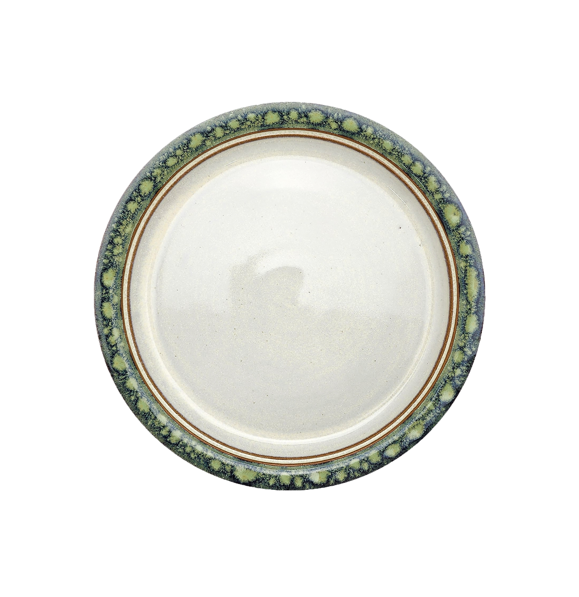 Image Description: A unique froggy bottom dinner plate from Clinton Pottery's Handmade Dinnerware Collection. The 10-inch plate showcases a one-of-a-kind glaze, combining shades of green and blue with golden undertones, reminiscent of a serene pond. Its ample size makes it a charming choice for serving a delightful dinner with a touch of nature-inspired artistry.
