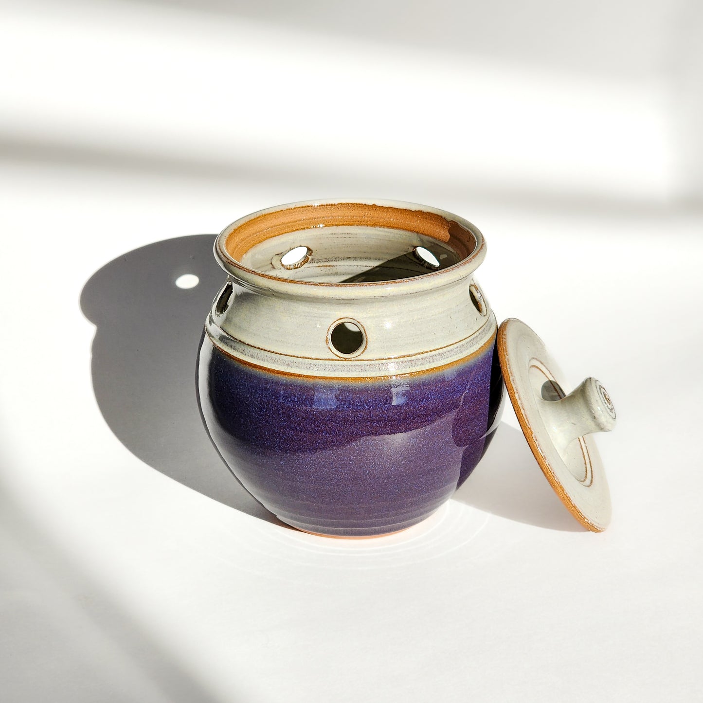 Image: A purple ceramic garlic keeper, ideal for storing garlic bulbs and adding a pop of color to the kitchen.