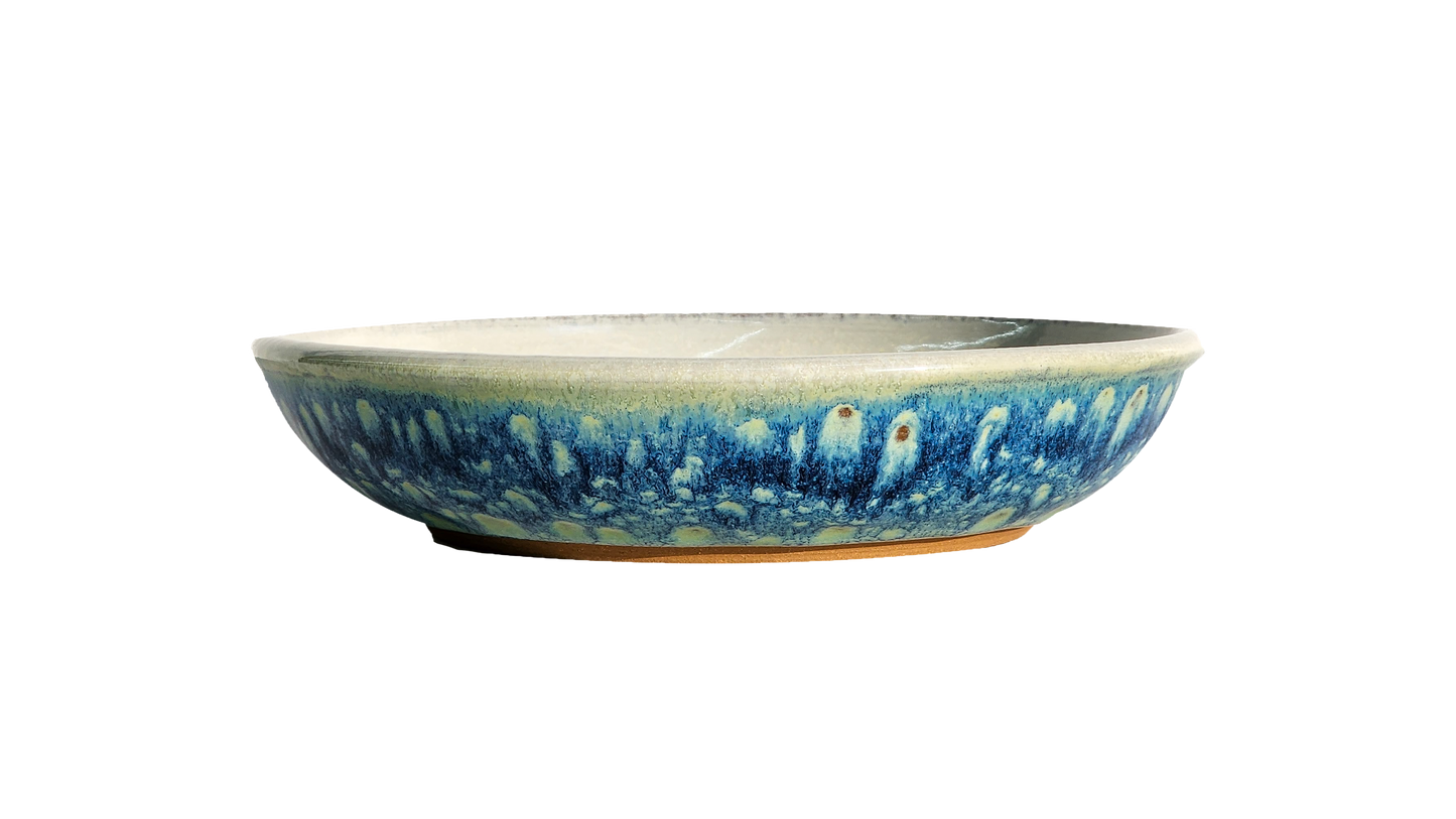 Image: A Starry Night pasta dish in the small size, measuring 8.5 inches in diameter. Its glossy finish and deep blue hues reminiscent of Van Gogh's famous painting add an artistic touch to your table setting. Ideal for serving smaller portions of your favorite pasta dishes with celestial charm.